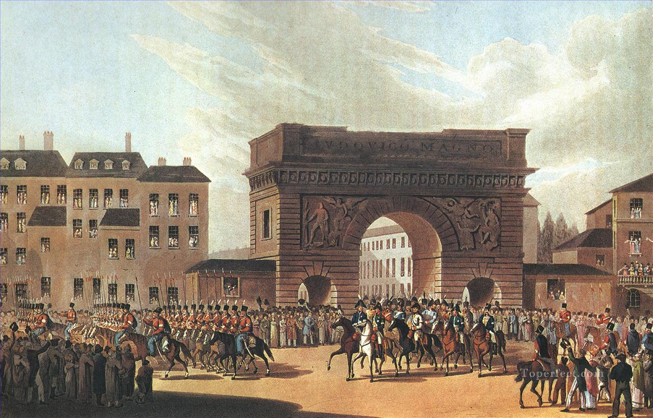 El ejército ruso entra en París en la guerra militar de 1814. Pintura al óleo